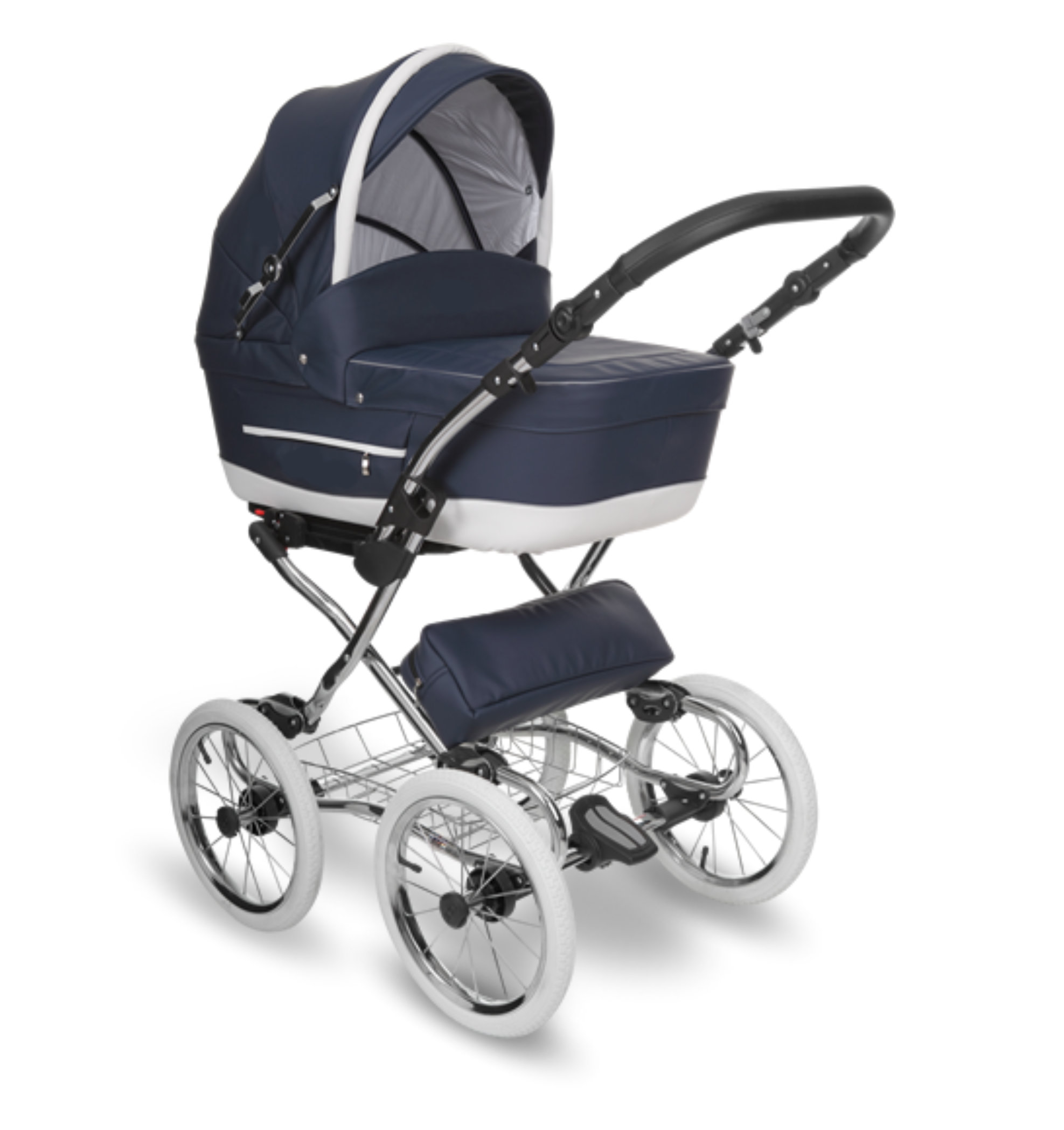 Bambini Prams YORK shown in Navy Blue Eco Leather. Shown with Bassinet attachment.